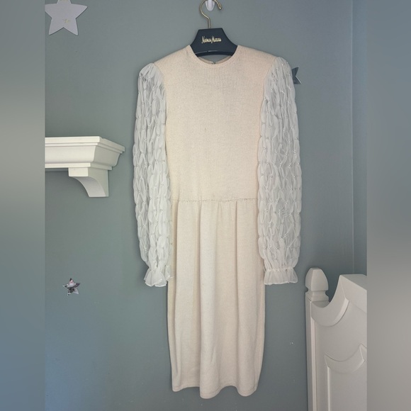 Vintage St. John white dress with sheer long sleeves and faux pearls - Picture 1 of 10